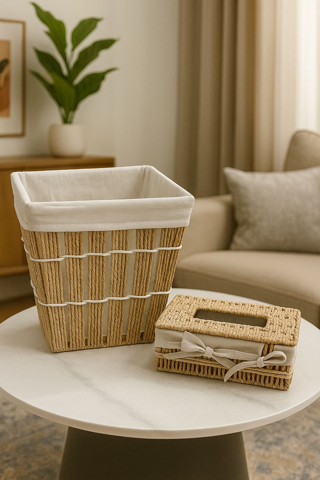 Rattan Waste Bin and Tissue Box - Set